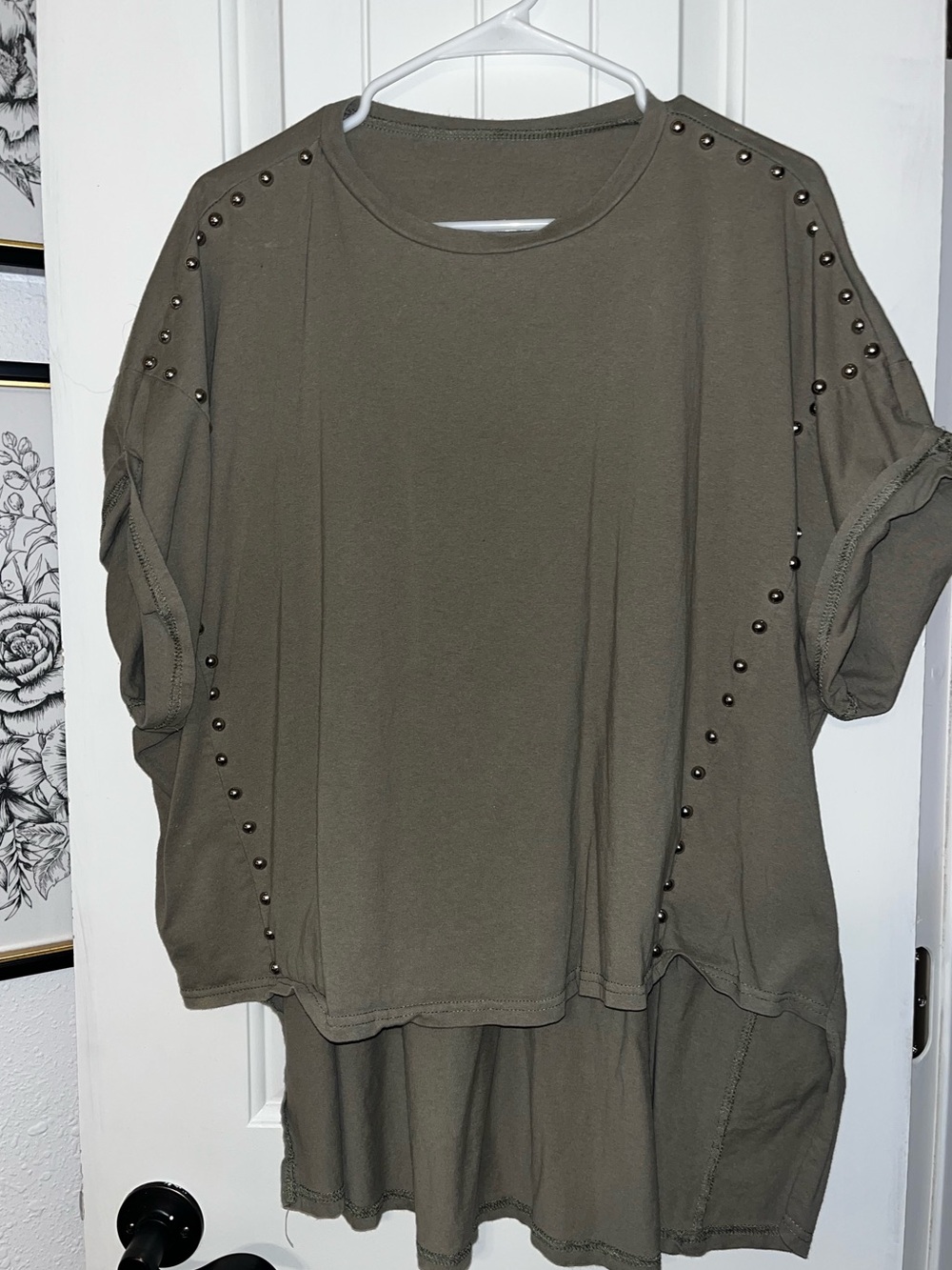 Relaxed Stud-Trim Womens Top - Olive Green